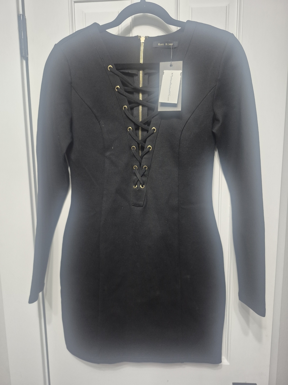 Lac Bleu Black Lace-Up Long Sleeve Mini Dress
